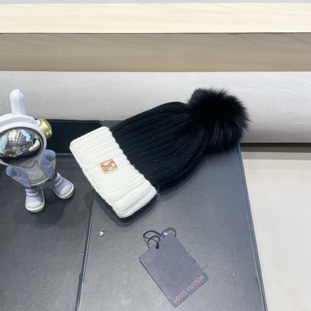 lv路易威登韩版ins秋冬季真狐狸毛球毛线帽子女百搭时尚亲子针织帽潮