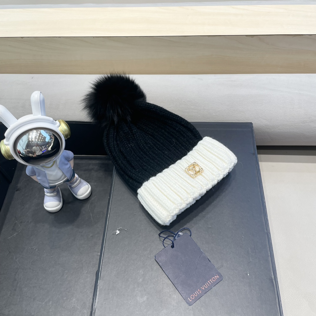 lv路易威登韩版ins秋冬季真狐狸毛球毛线帽子女百搭时尚亲子针织帽潮