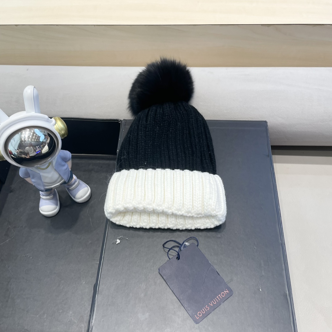 lv路易威登韩版ins秋冬季真狐狸毛球毛线帽子女百搭时尚亲子针织帽潮
