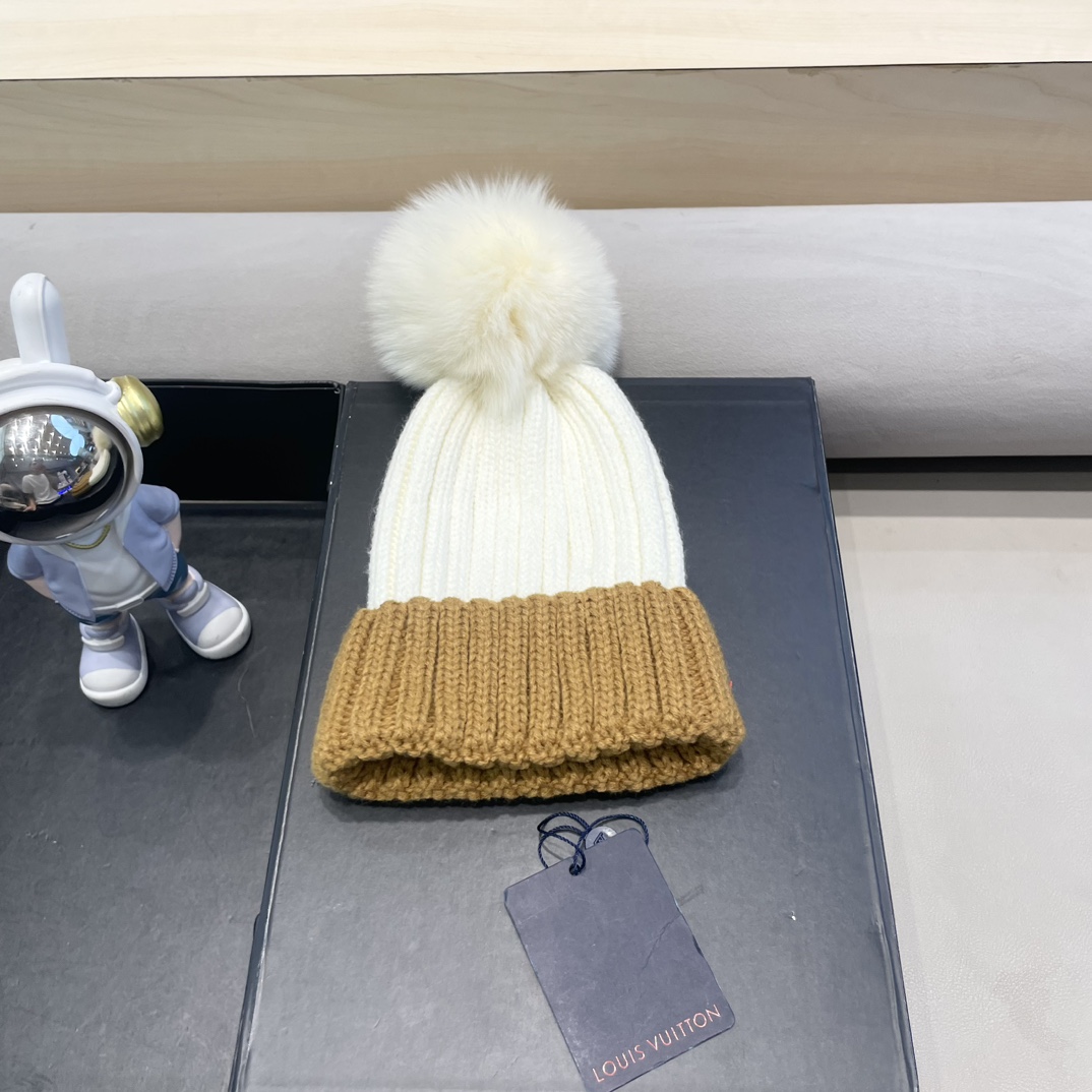 lv路易威登韩版ins秋冬季真狐狸毛球毛线帽子女百搭时尚亲子针织帽潮