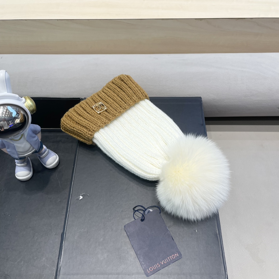 lv路易威登韩版ins秋冬季真狐狸毛球毛线帽子女百搭时尚亲子针织帽潮