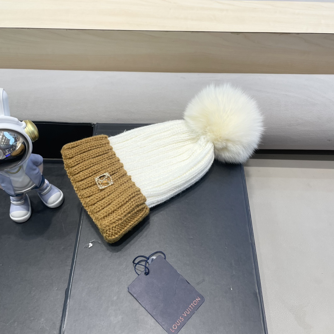 lv路易威登韩版ins秋冬季真狐狸毛球毛线帽子女百搭时尚亲子针织帽潮