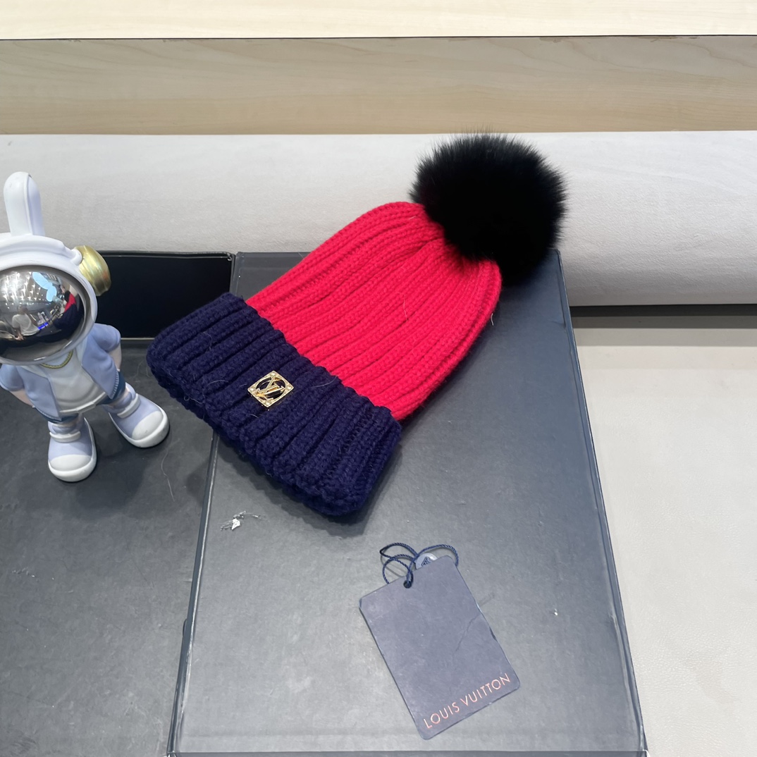 lv路易威登韩版ins秋冬季真狐狸毛球毛线帽子女百搭时尚亲子针织帽潮
