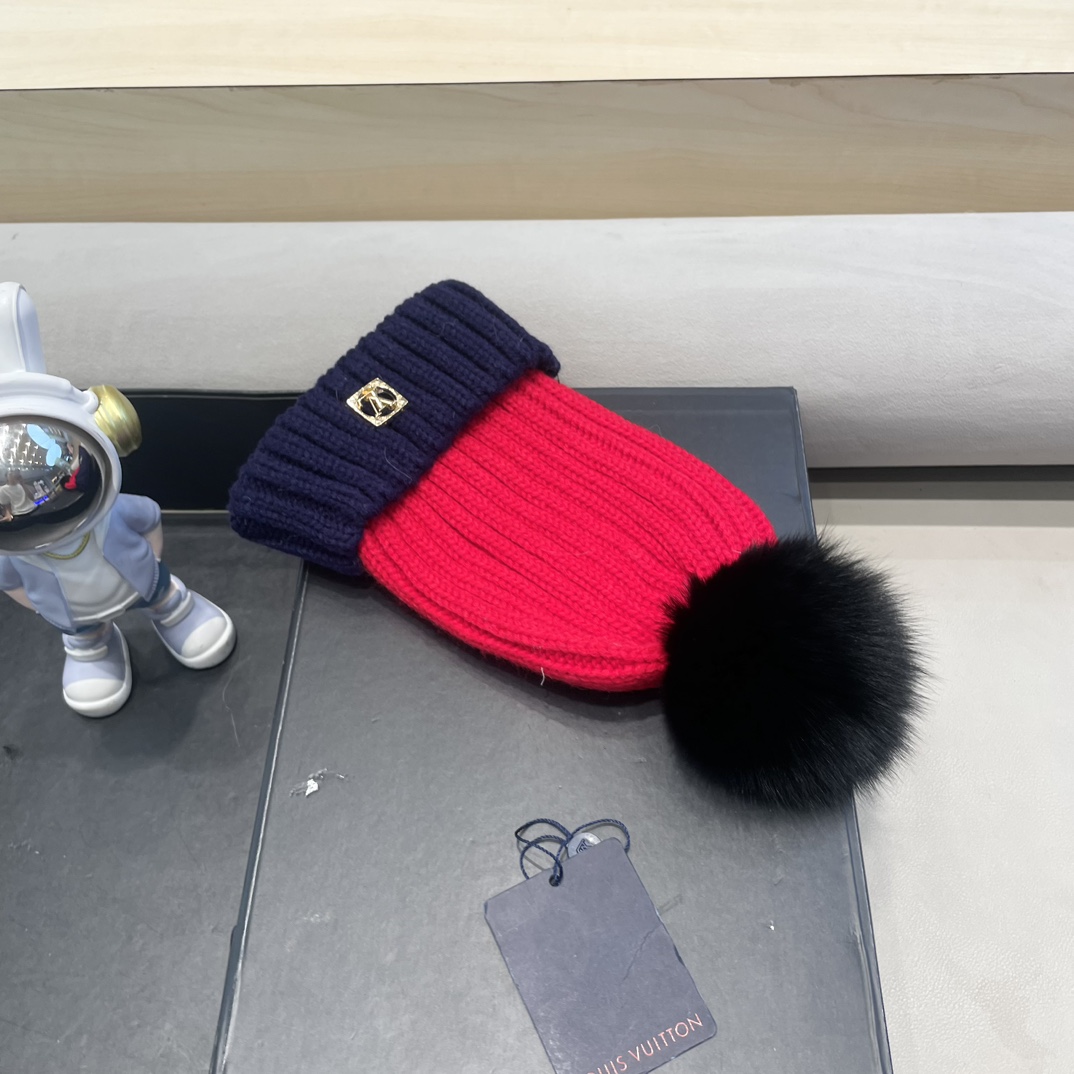 lv路易威登韩版ins秋冬季真狐狸毛球毛线帽子女百搭时尚亲子针织帽潮