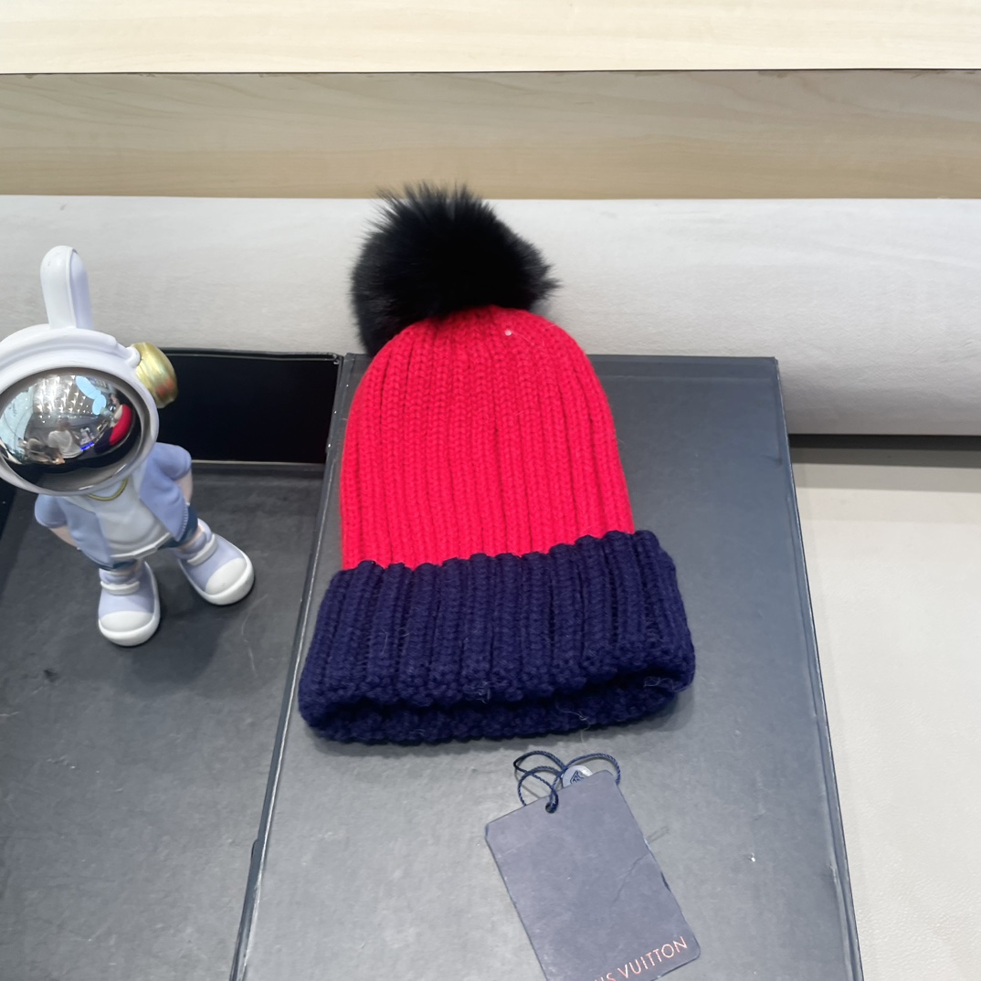 lv路易威登韩版ins秋冬季真狐狸毛球毛线帽子女百搭时尚亲子针织帽潮