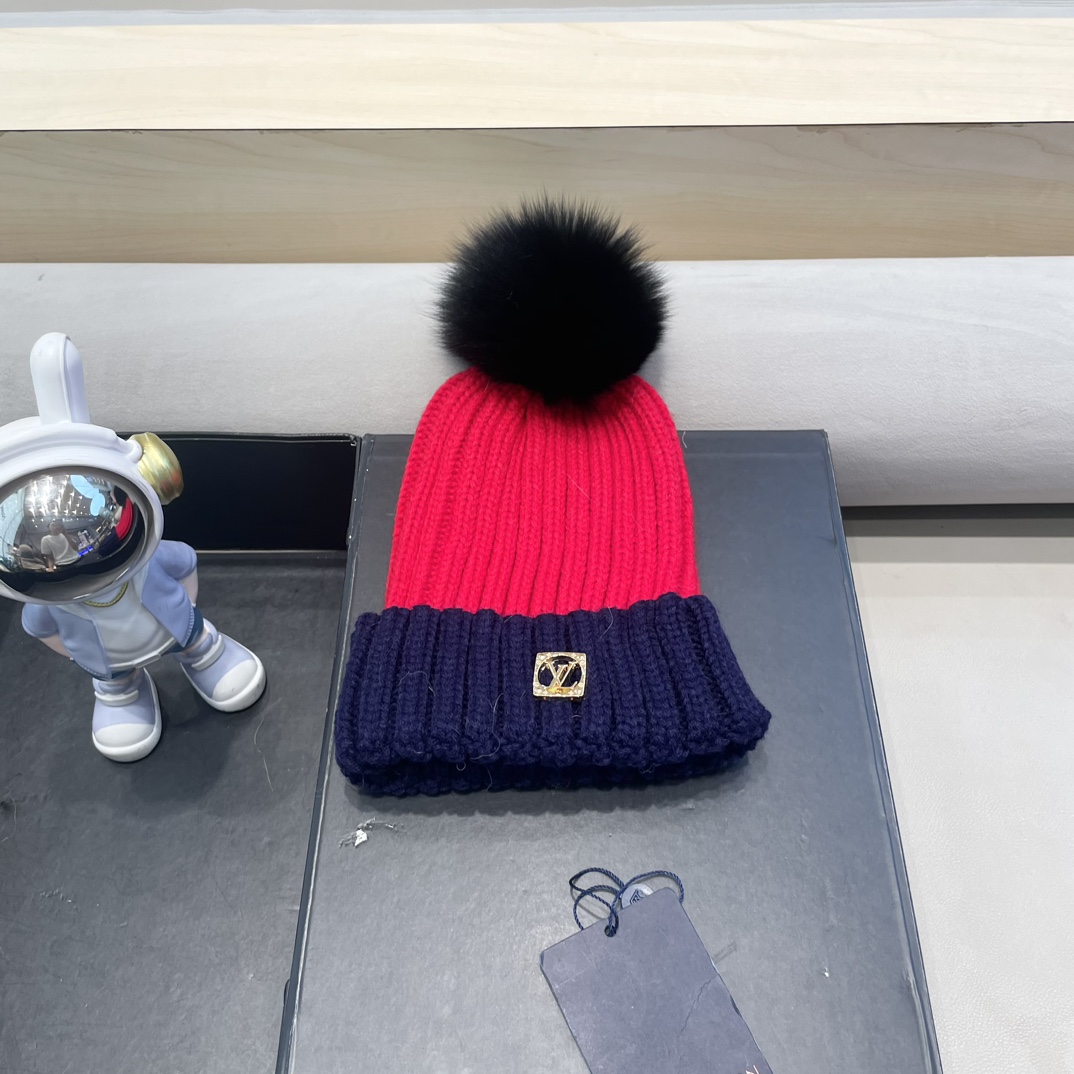 lv路易威登韩版ins秋冬季真狐狸毛球毛线帽子女百搭时尚亲子针织帽潮