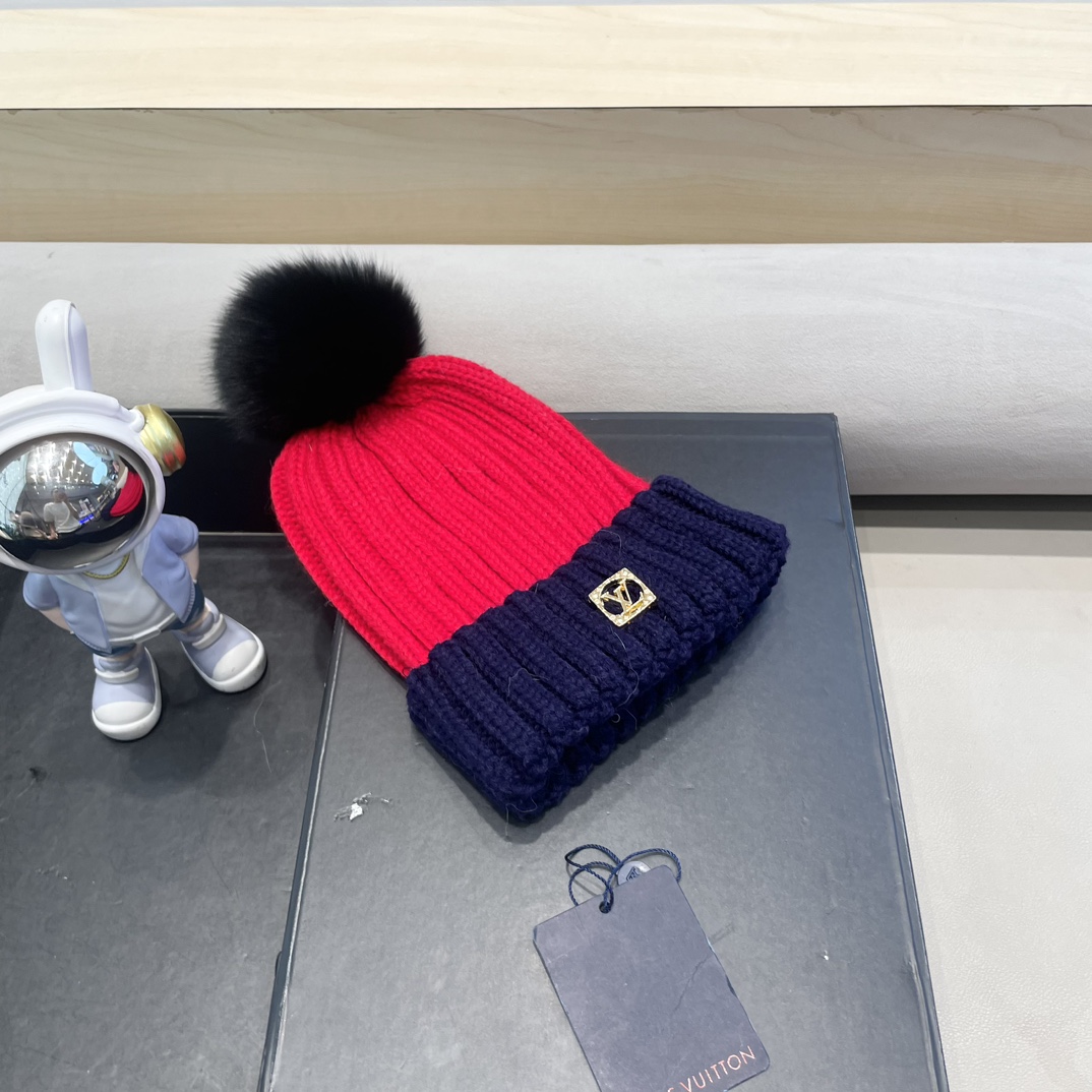 lv路易威登韩版ins秋冬季真狐狸毛球毛线帽子女百搭时尚亲子针织帽潮