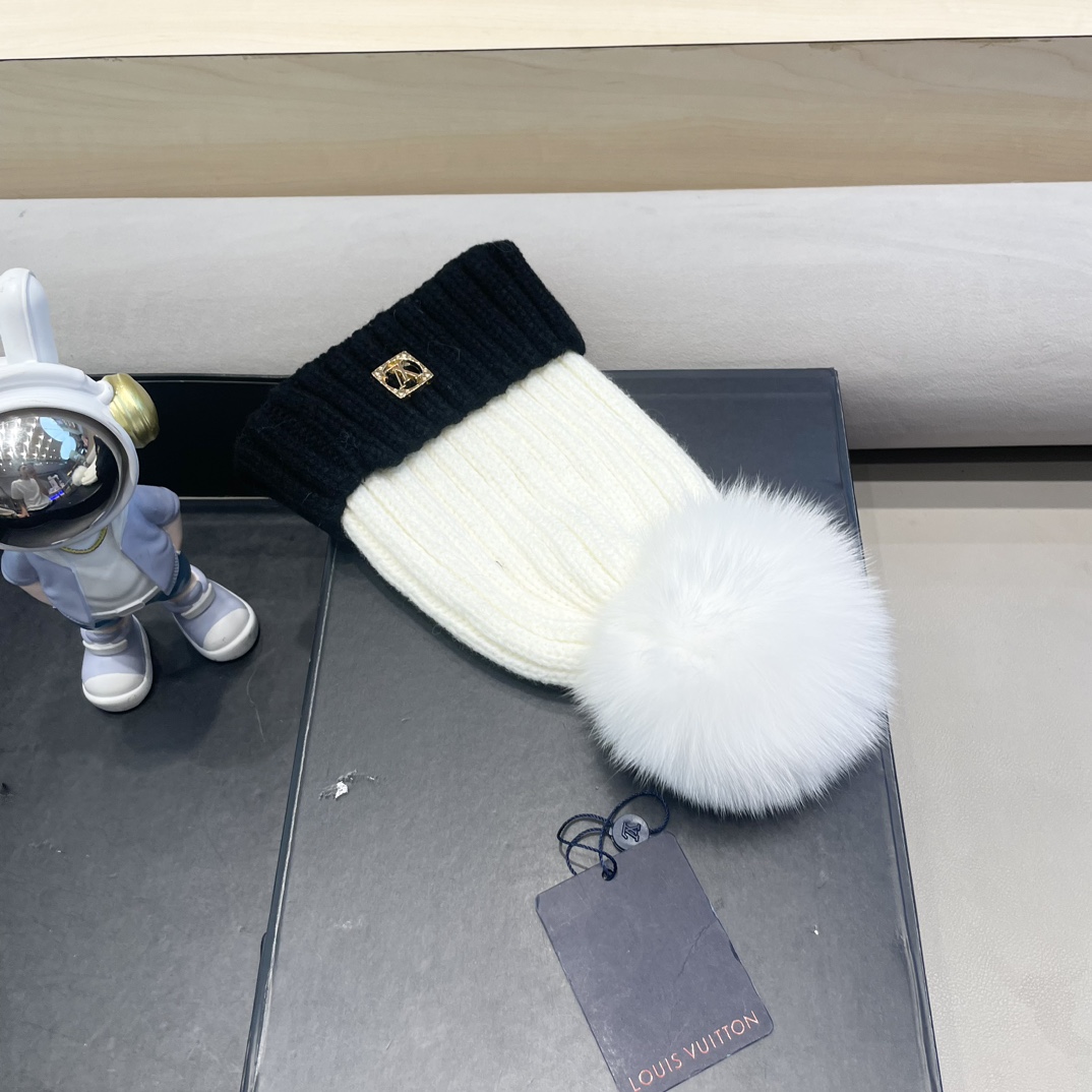 lv路易威登韩版ins秋冬季真狐狸毛球毛线帽子女百搭时尚亲子针织帽潮