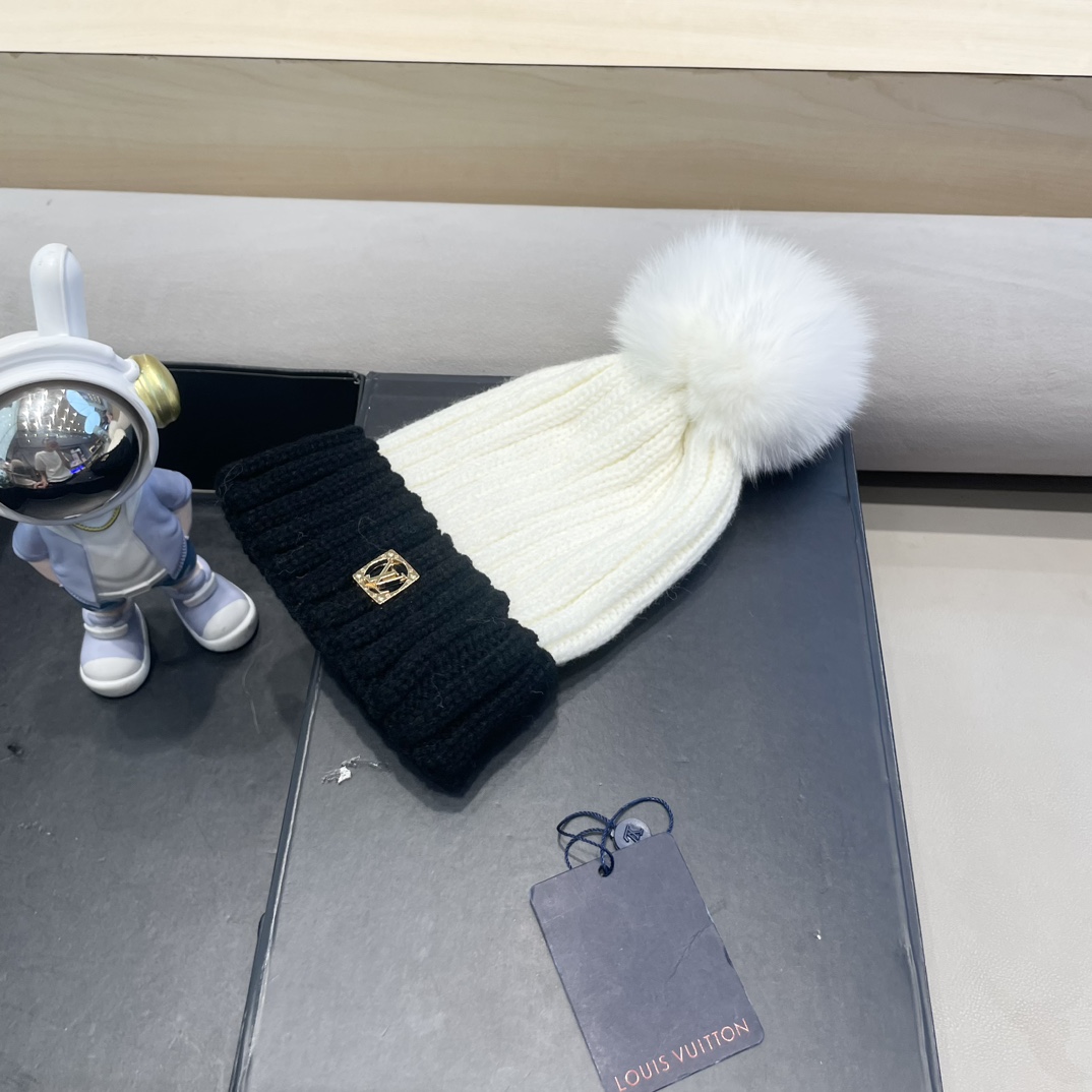 lv路易威登韩版ins秋冬季真狐狸毛球毛线帽子女百搭时尚亲子针织帽潮