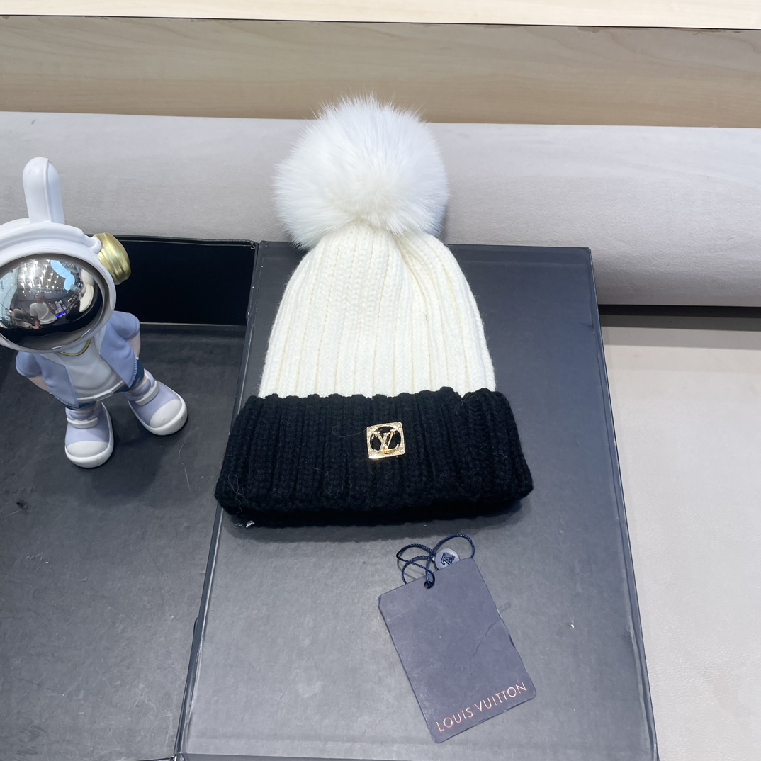 lv路易威登韩版ins秋冬季真狐狸毛球毛线帽子女百搭时尚亲子针织帽潮