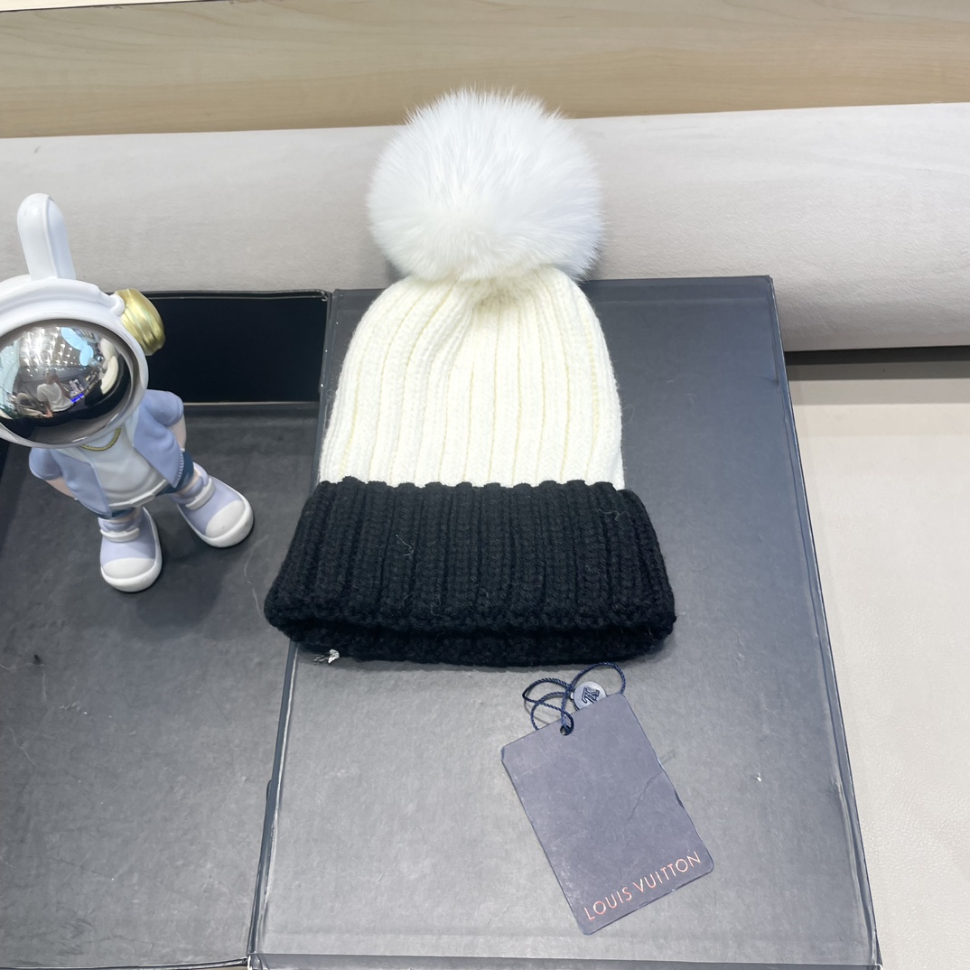 lv路易威登韩版ins秋冬季真狐狸毛球毛线帽子女百搭时尚亲子针织帽潮