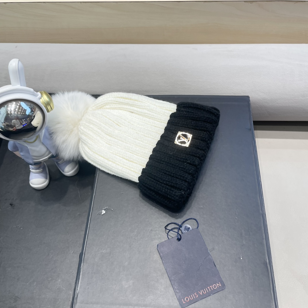 lv路易威登韩版ins秋冬季真狐狸毛球毛线帽子女百搭时尚亲子针织帽潮