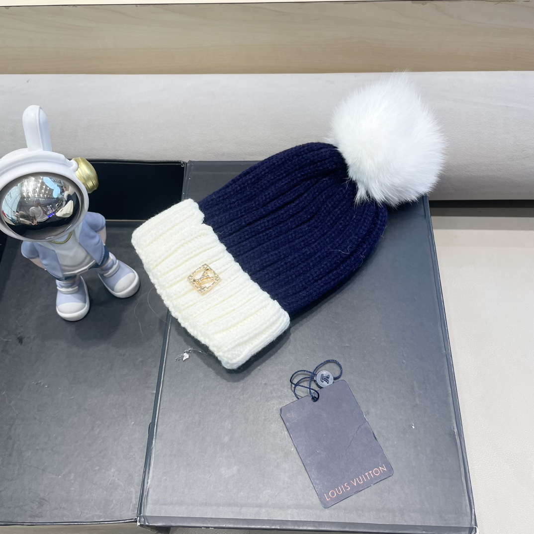 lv路易威登韩版ins秋冬季真狐狸毛球毛线帽子女百搭时尚亲子针织帽潮