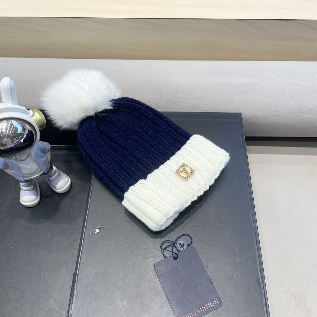 lv路易威登韩版ins秋冬季真狐狸毛球毛线帽子女百搭时尚亲子针织帽潮
