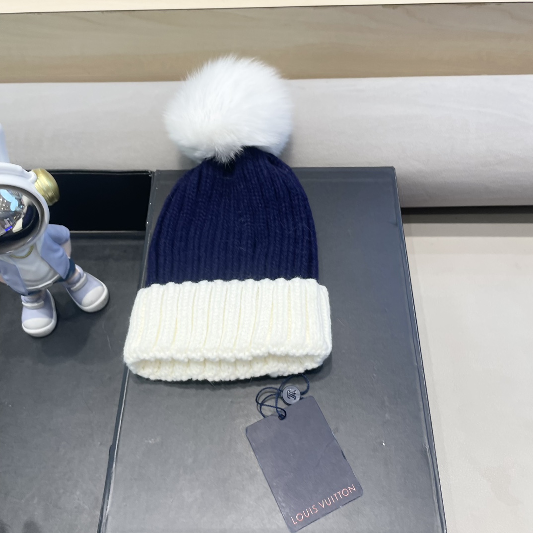lv路易威登韩版ins秋冬季真狐狸毛球毛线帽子女百搭时尚亲子针织帽潮