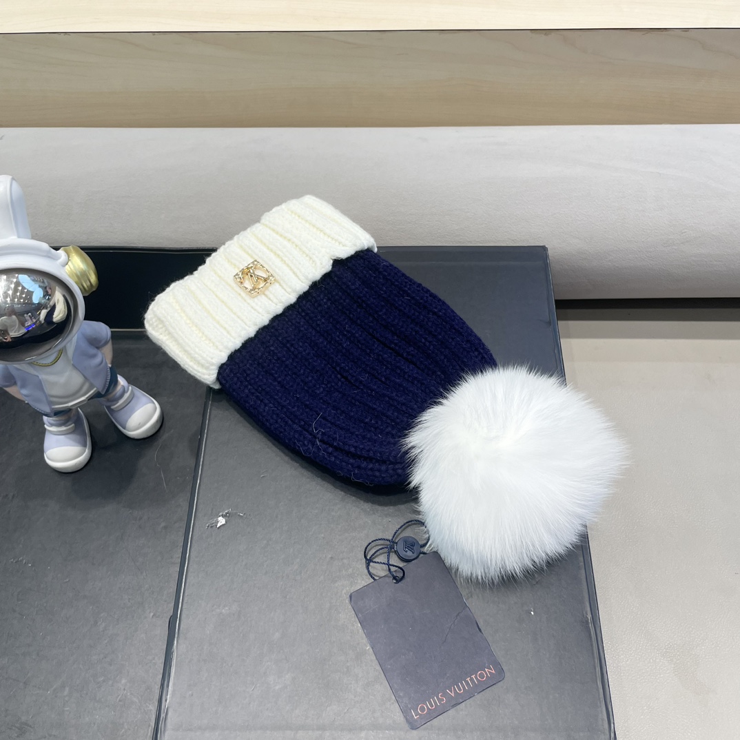 lv路易威登韩版ins秋冬季真狐狸毛球毛线帽子女百搭时尚亲子针织帽潮