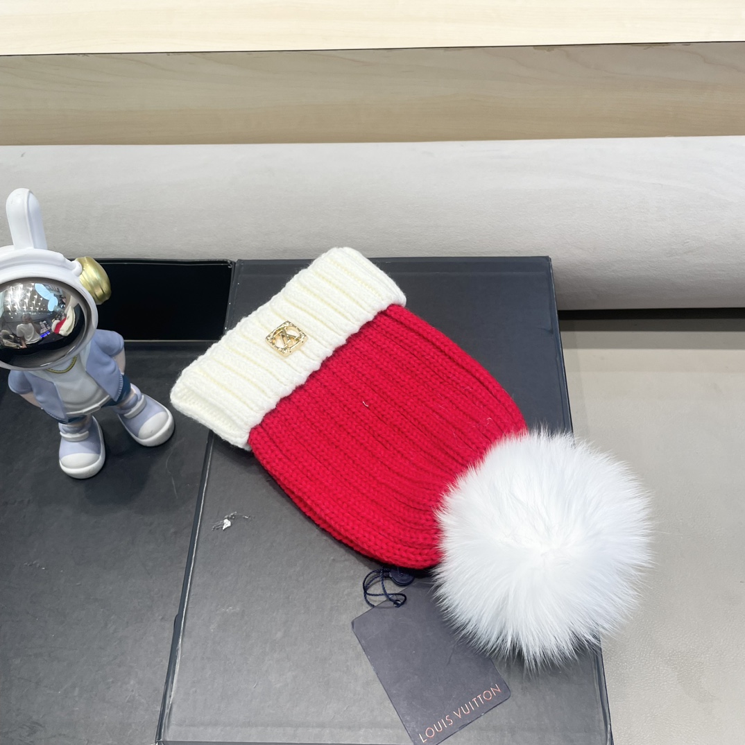 lv路易威登韩版ins秋冬季真狐狸毛球毛线帽子女百搭时尚亲子针织帽潮