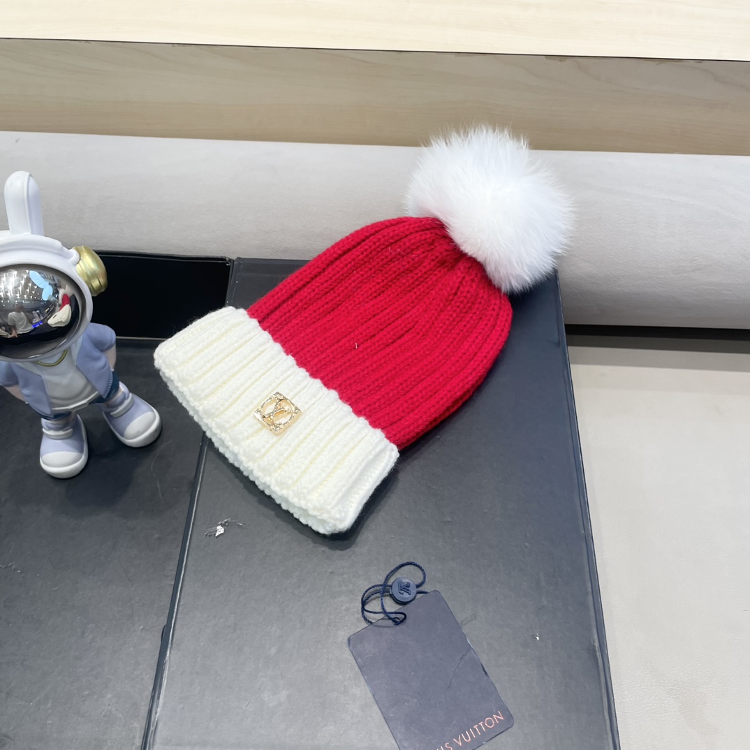 lv路易威登韩版ins秋冬季真狐狸毛球毛线帽子女百搭时尚亲子针织帽潮