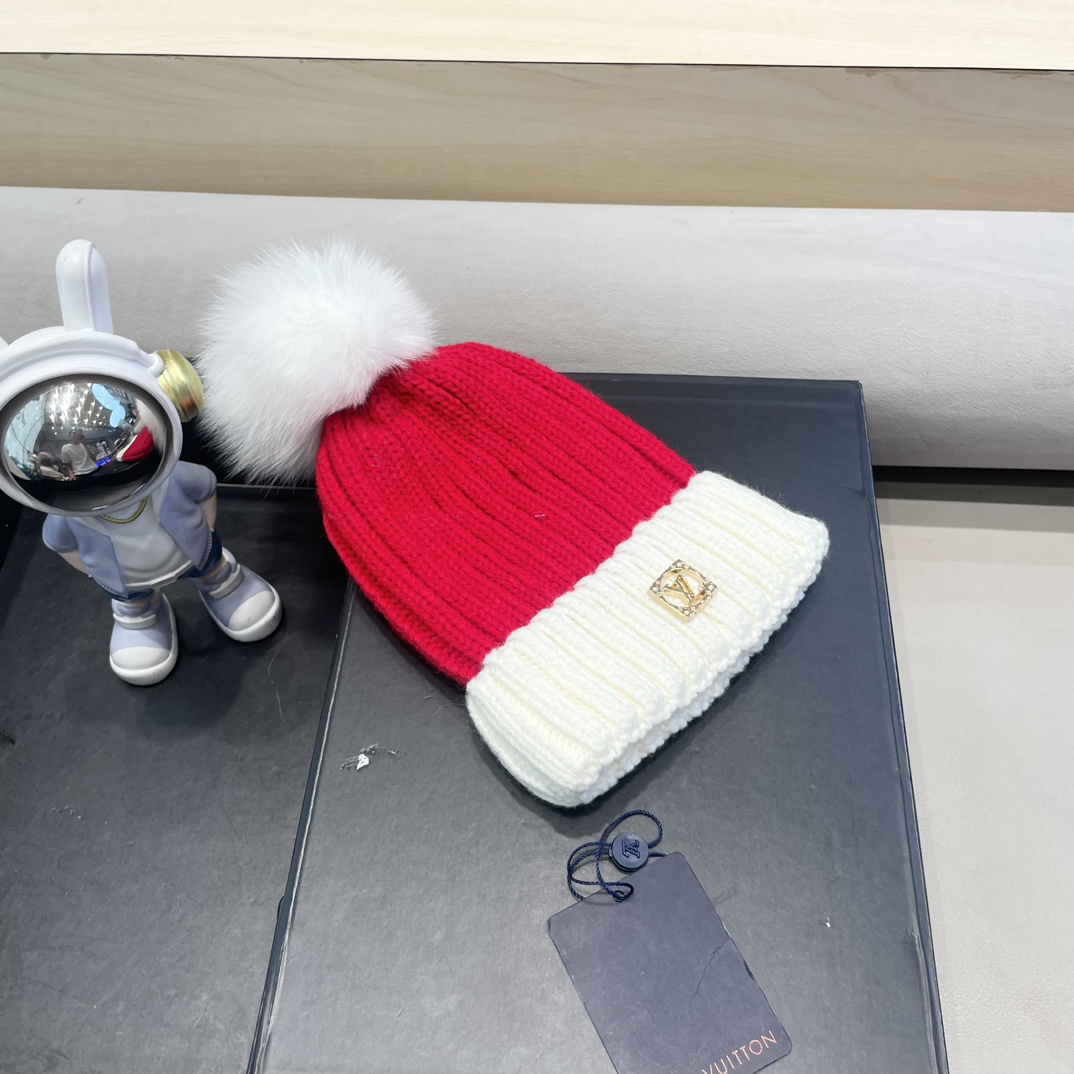 lv路易威登韩版ins秋冬季真狐狸毛球毛线帽子女百搭时尚亲子针织帽潮