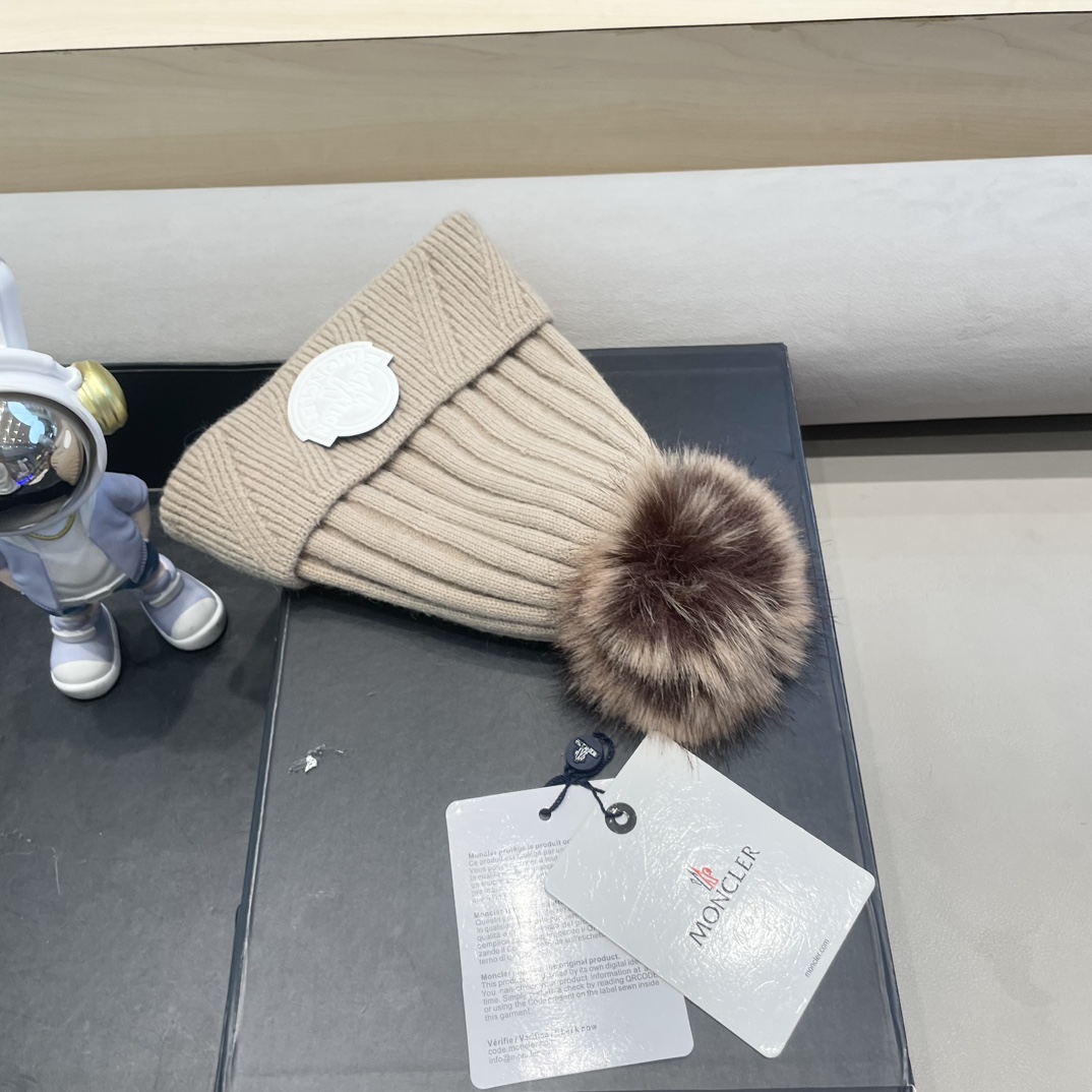moncler 2024新款针织毛线帽女冬加绒保暖大头围帽子套头帽百搭毛球冷帽女