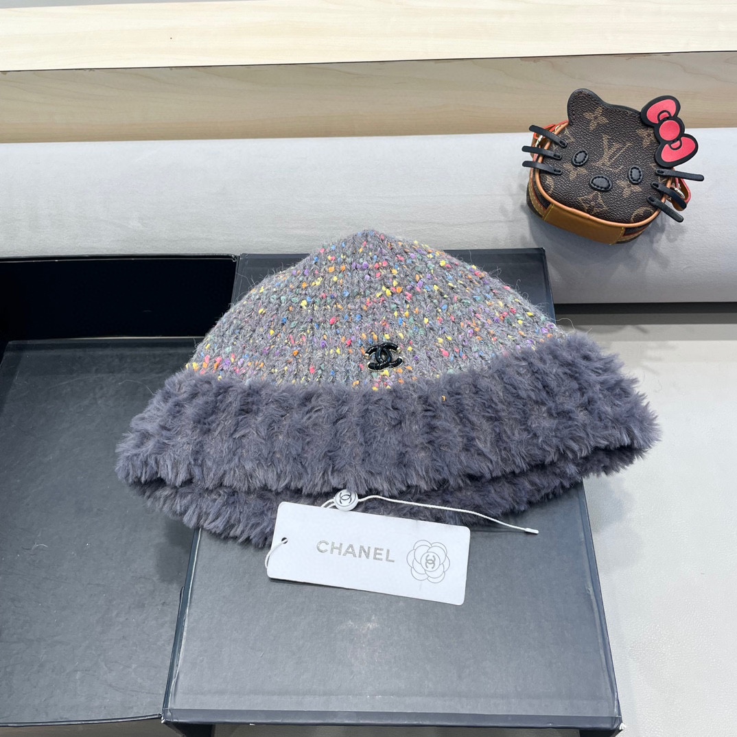 Chanel大头围彩虹糖毛线帽女秋冬女显脸小针织帽保暖渔夫韩版百搭水桶帽