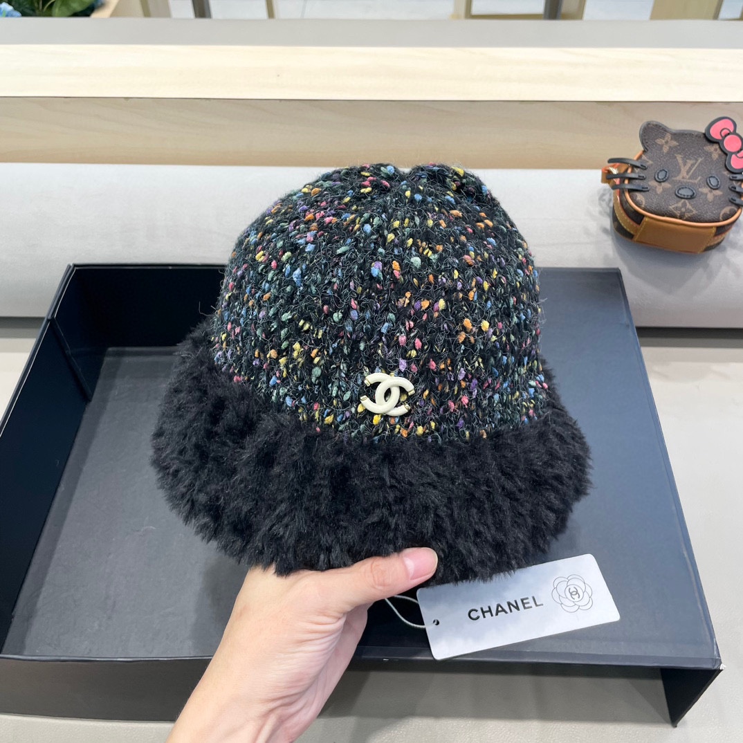 Chanel大头围彩虹糖毛线帽女秋冬女显脸小针织帽保暖渔夫韩版百搭水桶帽
