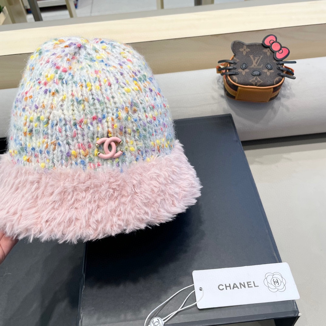 Chanel大头围彩虹糖毛线帽女秋冬女显脸小针织帽保暖渔夫韩版百搭水桶帽