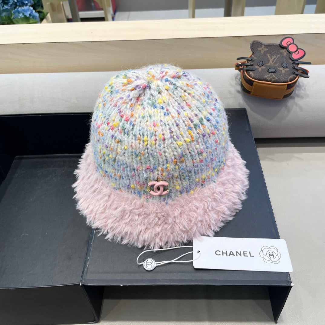 Chanel大头围彩虹糖毛线帽女秋冬女显脸小针织帽保暖渔夫韩版百搭水桶帽
