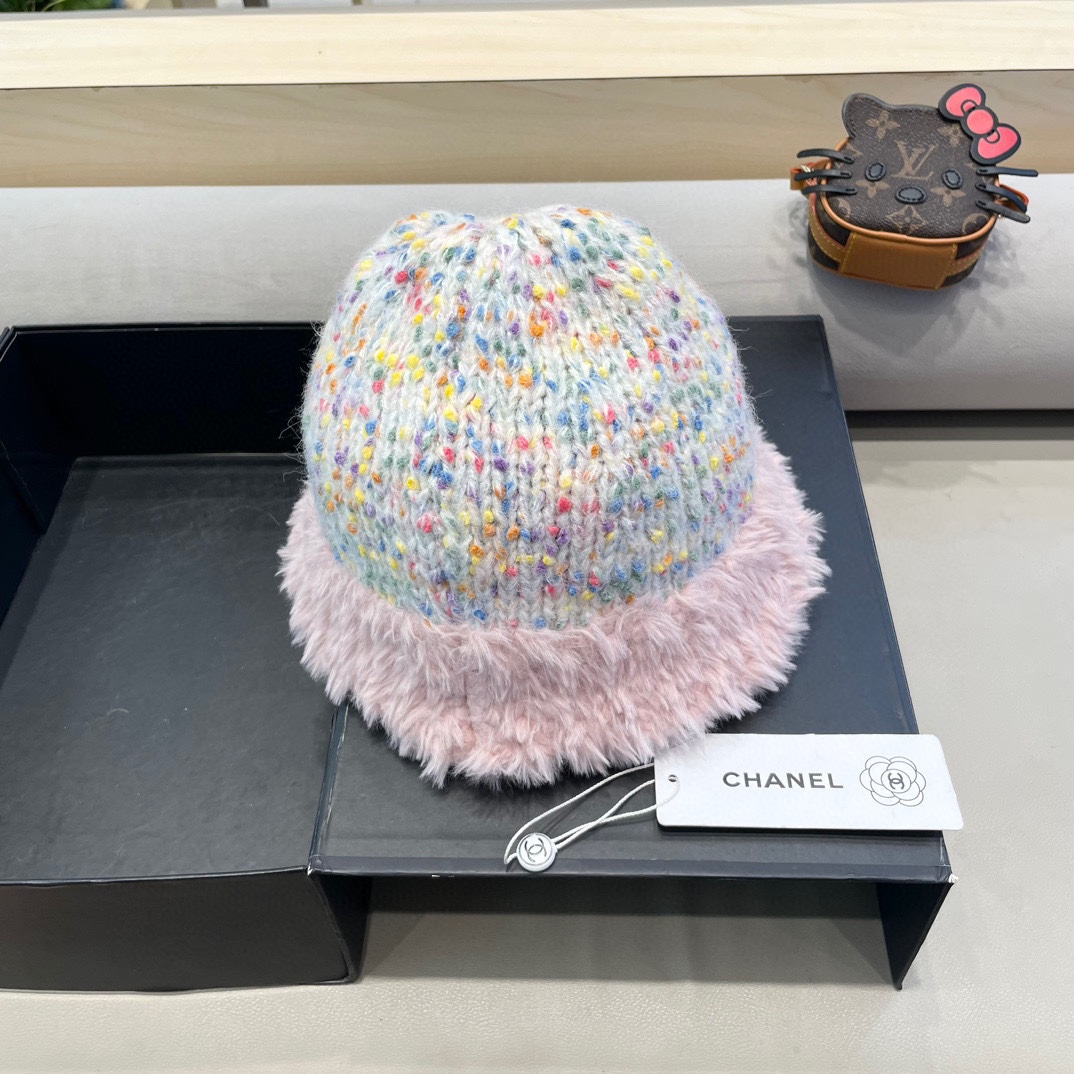 Chanel大头围彩虹糖毛线帽女秋冬女显脸小针织帽保暖渔夫韩版百搭水桶帽