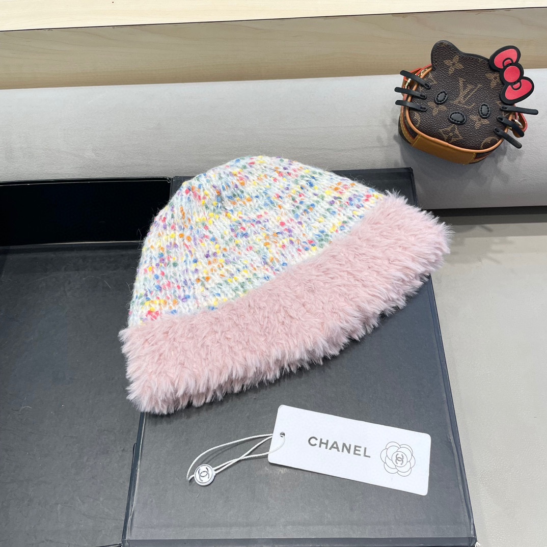 Chanel大头围彩虹糖毛线帽女秋冬女显脸小针织帽保暖渔夫韩版百搭水桶帽
