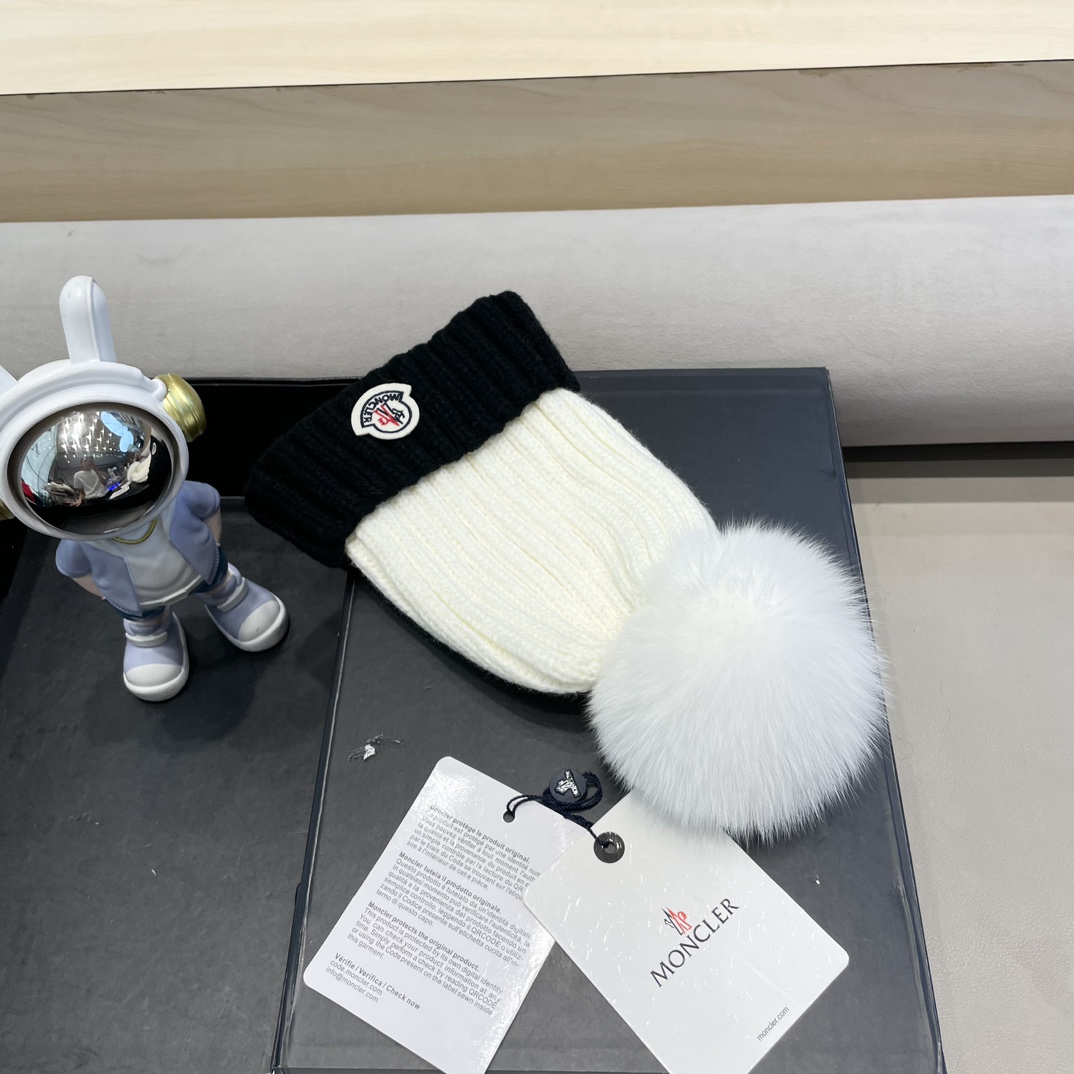 moncler帽子女韩版圣诞狐狸毛球帽子亲子秋冬加厚保暖笑脸羊毛线针织帽潮