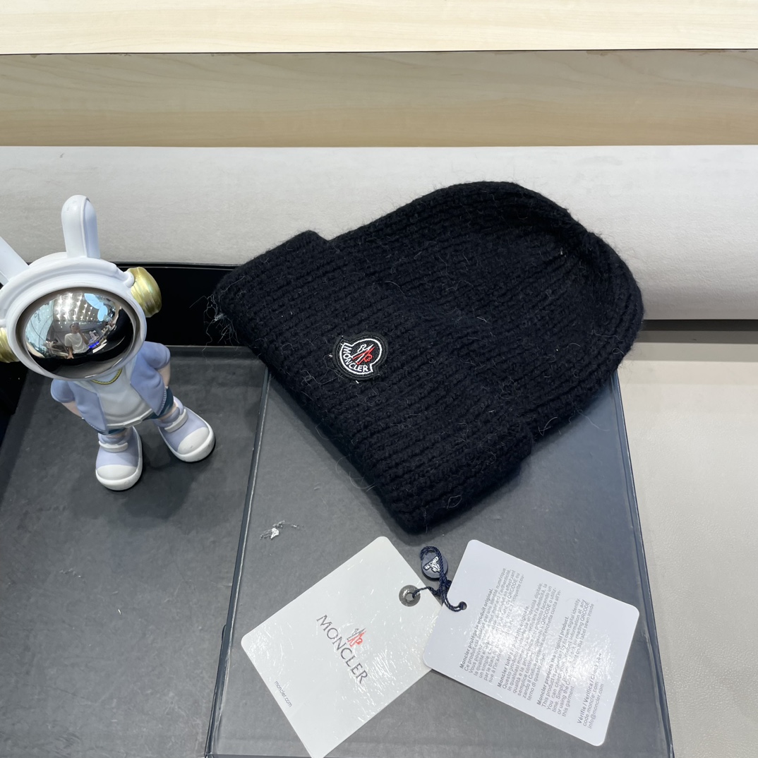 moncler定制款纯色兔毛针织帽秋冬毛线保暖帽子网红百搭防风显脸小堆堆帽