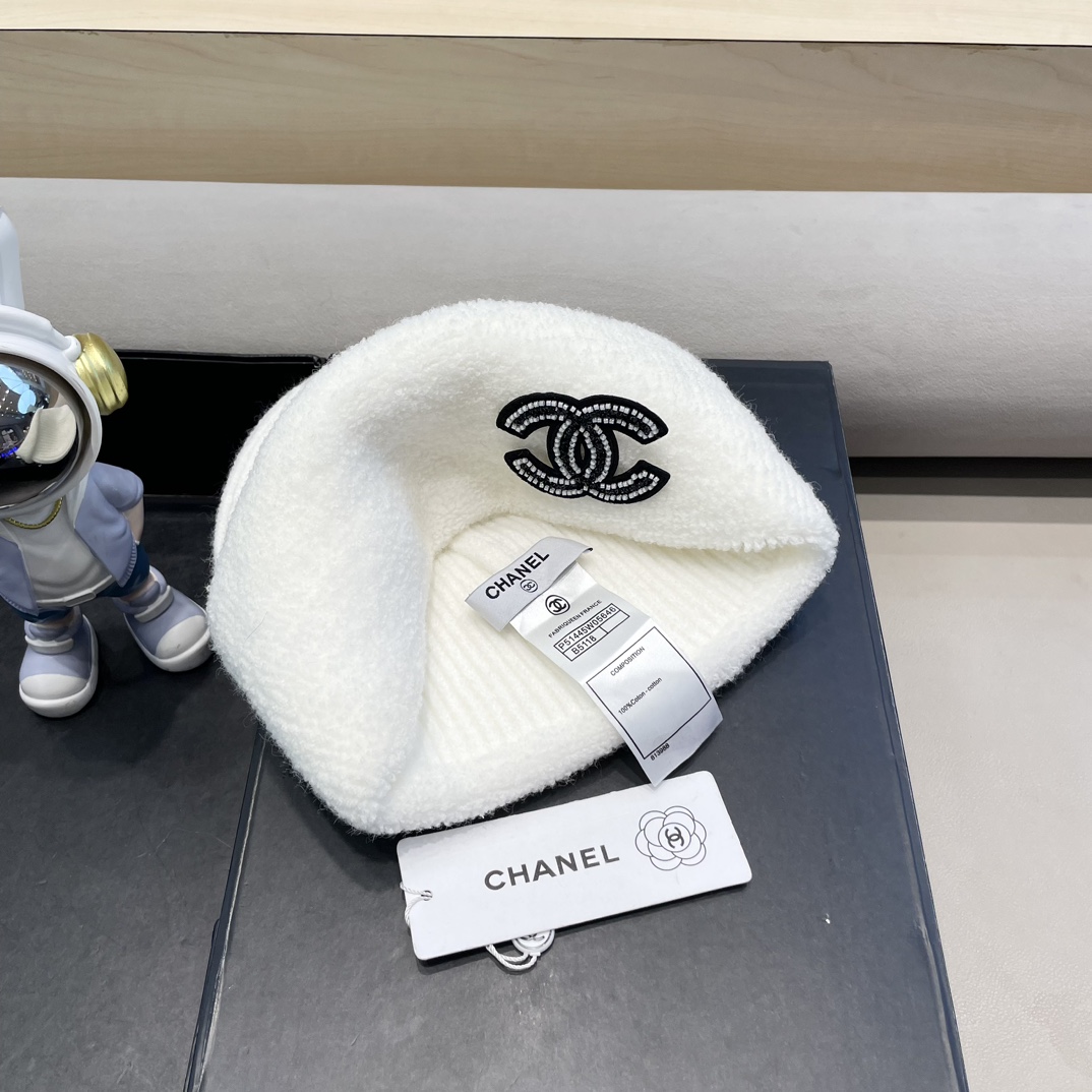Chanel冬季帽子女毛绒边纯色保暖套头帽大头围显脸小防寒护耳针织毛线帽