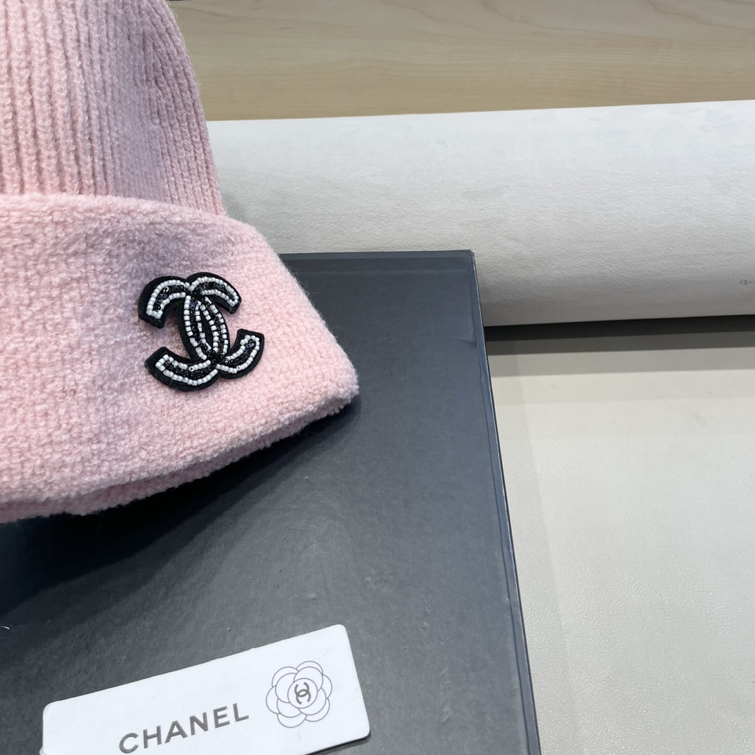 Chanel冬季帽子女毛绒边纯色保暖套头帽大头围显脸小防寒护耳针织毛线帽