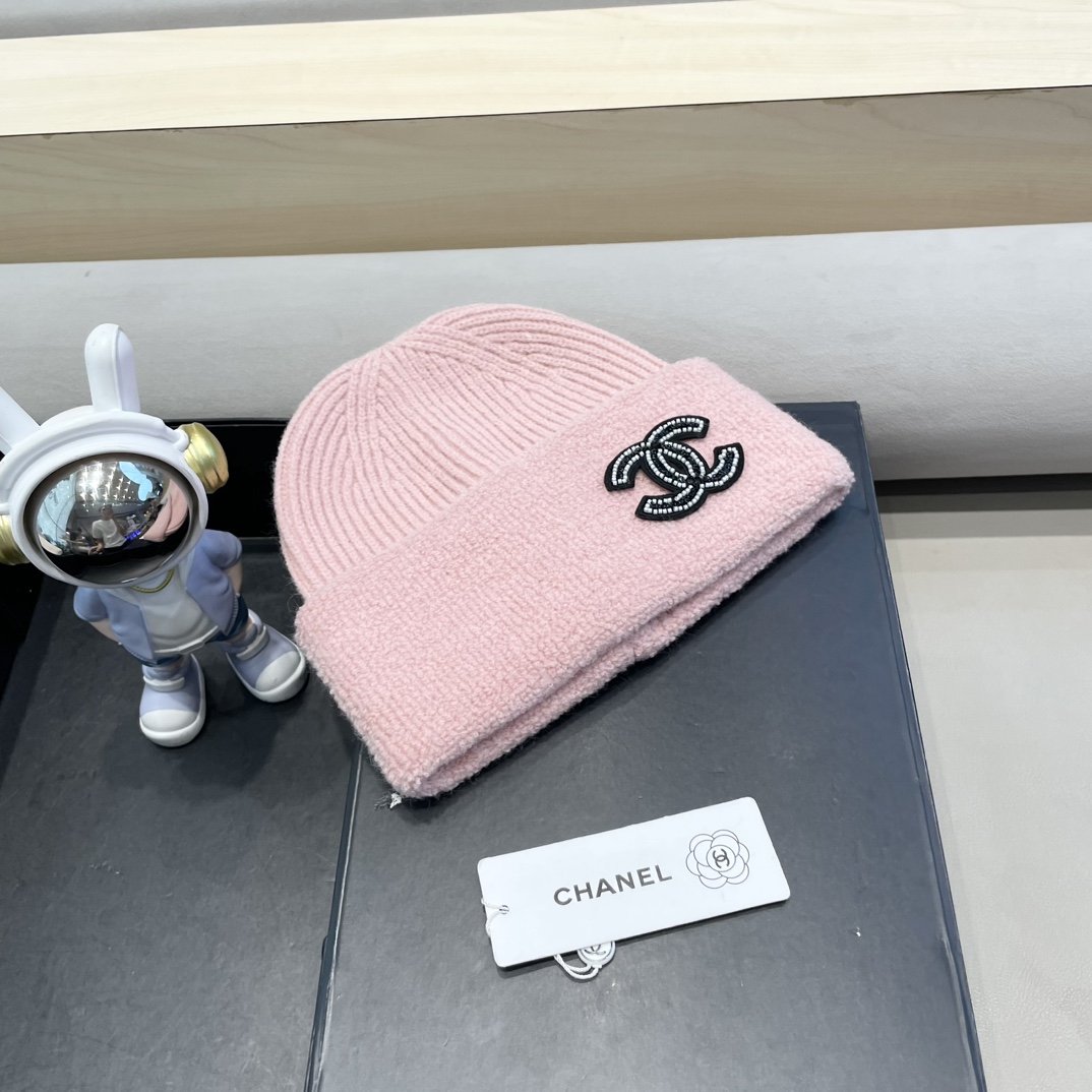 Chanel冬季帽子女毛绒边纯色保暖套头帽大头围显脸小防寒护耳针织毛线帽