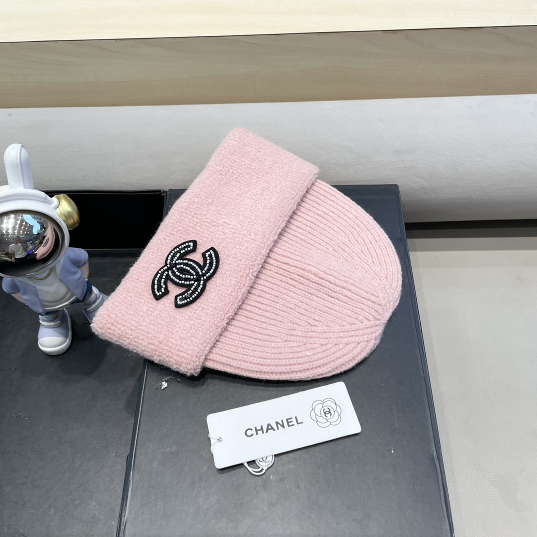 Chanel冬季帽子女毛绒边纯色保暖套头帽大头围显脸小防寒护耳针织毛线帽