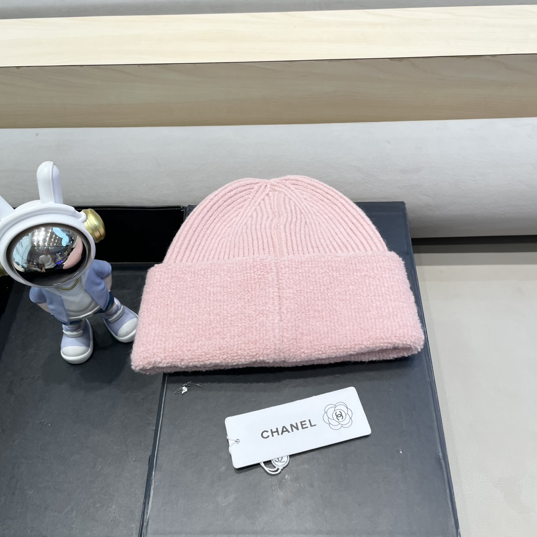 Chanel冬季帽子女毛绒边纯色保暖套头帽大头围显脸小防寒护耳针织毛线帽