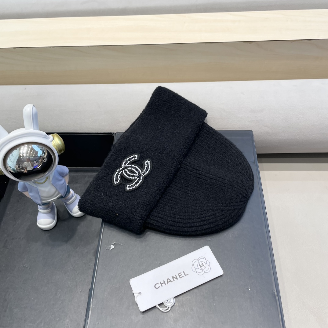 Chanel冬季帽子女毛绒边纯色保暖套头帽大头围显脸小防寒护耳针织毛线帽