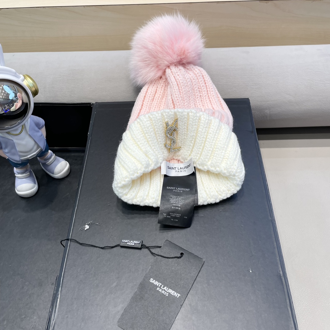 圣罗兰真狐狸毛球毛线帽女秋冬季针织帽保暖韩版百搭冬天帽子