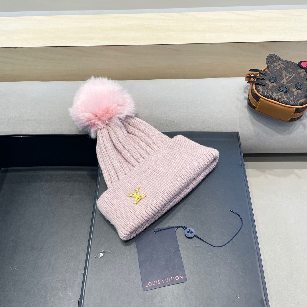lv路易威登针织帽子女秋冬季真狐狸毛球毛线帽防寒冬天加厚保暖护耳韩版百搭