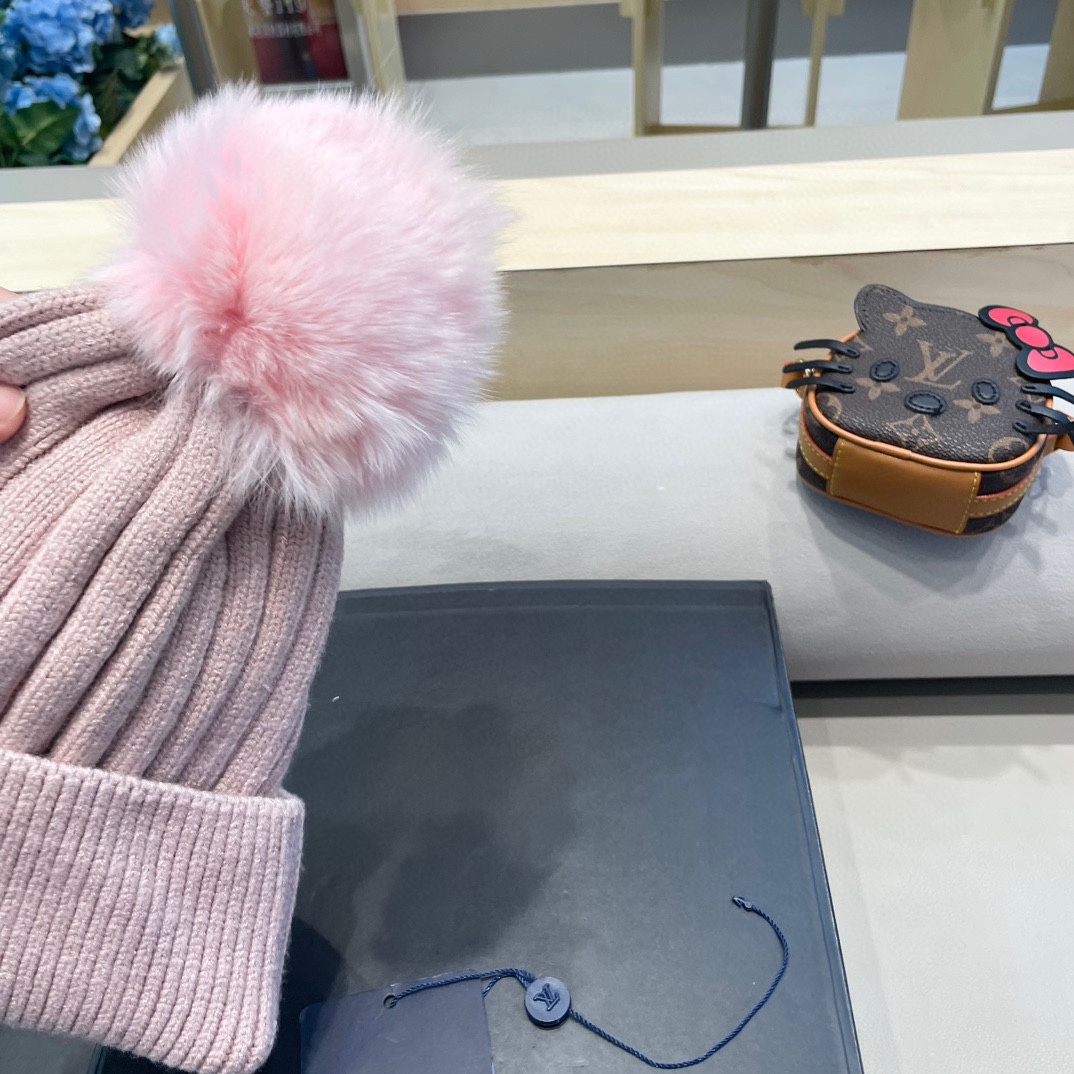 lv路易威登针织帽子女秋冬季真狐狸毛球毛线帽防寒冬天加厚保暖护耳韩版百搭