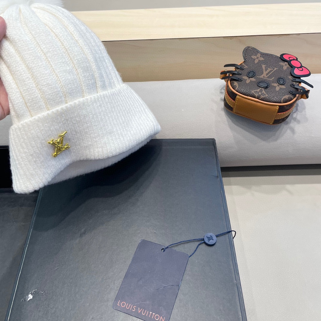 lv路易威登针织帽子女秋冬季真狐狸毛球毛线帽防寒冬天加厚保暖护耳韩版百搭