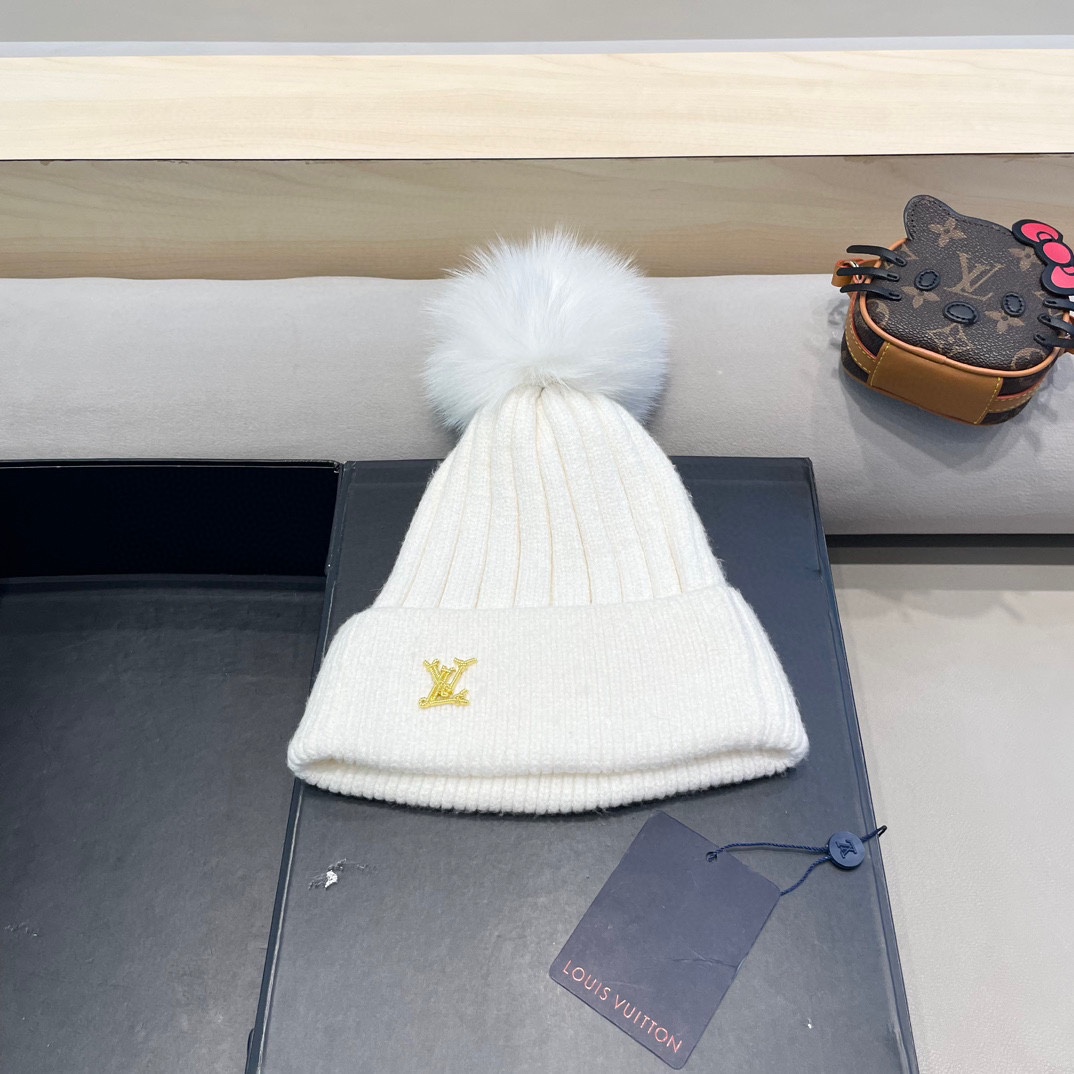 lv路易威登针织帽子女秋冬季真狐狸毛球毛线帽防寒冬天加厚保暖护耳韩版百搭