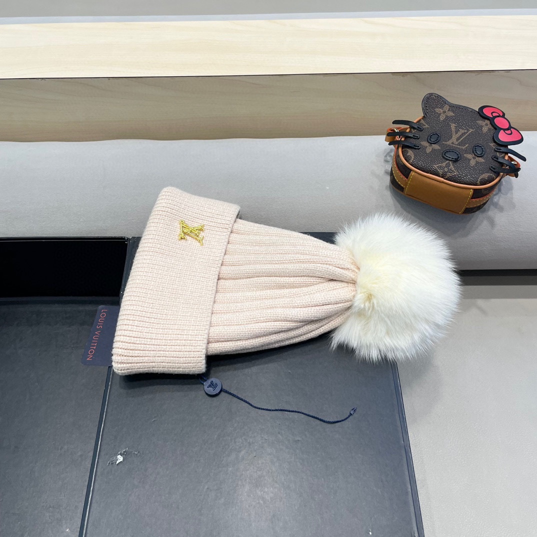 lv路易威登针织帽子女秋冬季真狐狸毛球毛线帽防寒冬天加厚保暖护耳韩版百搭