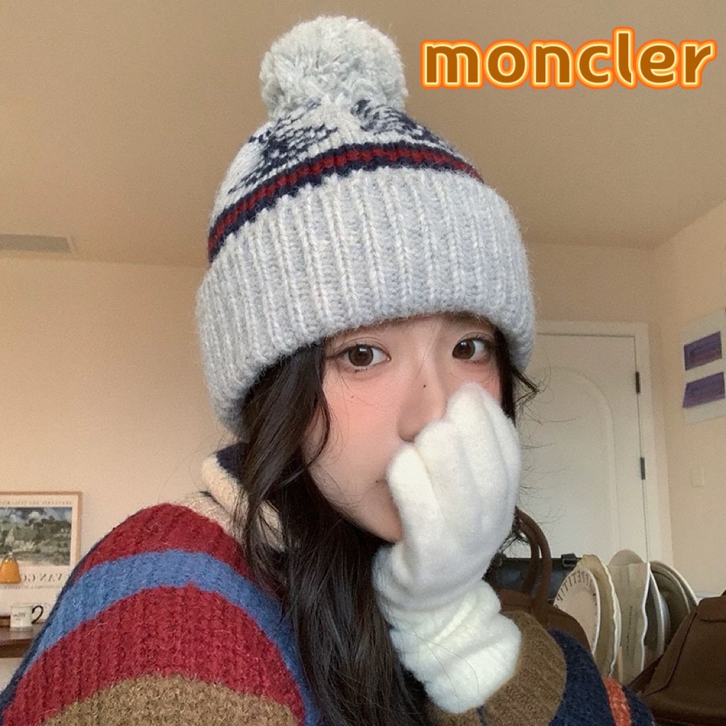 moncler2024复古费尔岛风毛线帽子女冬季加厚保暖针织帽日系可爱护耳冷帽