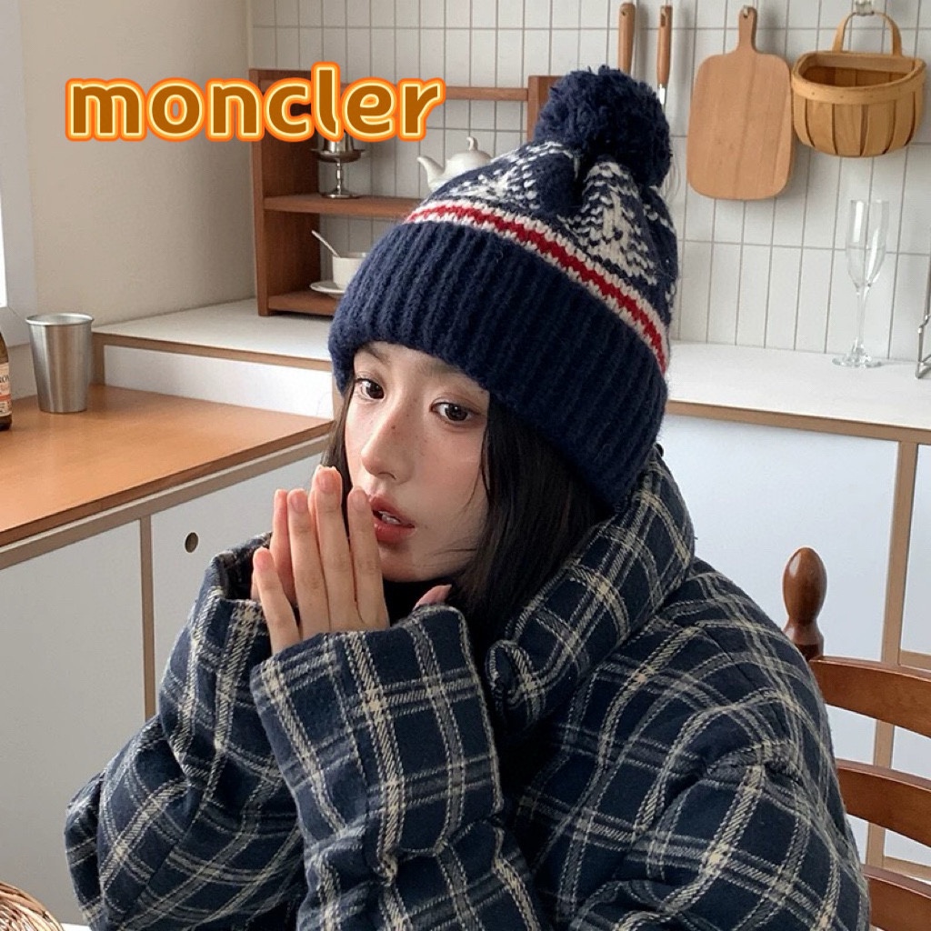 moncler2024复古费尔岛风毛线帽子女冬季加厚保暖针织帽日系可爱护耳冷帽