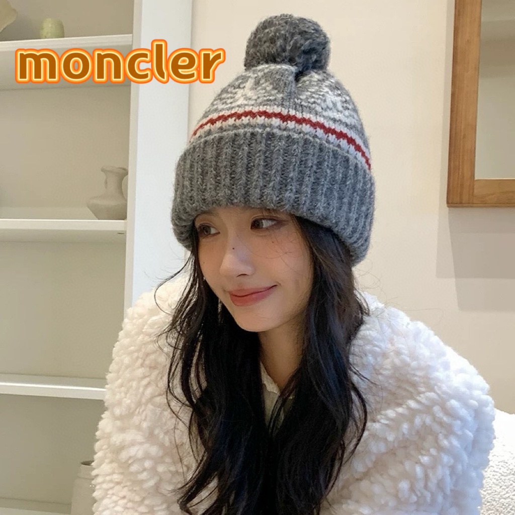 moncler2024复古费尔岛风毛线帽子女冬季加厚保暖针织帽日系可爱护耳冷帽