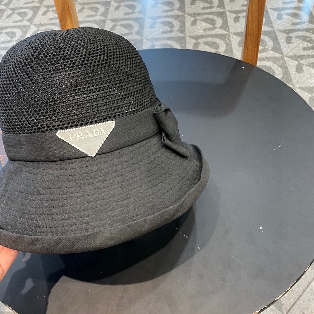 PRADA普拉达 新款韩版针织布沿蝴蝶结渔夫帽2024遮阳防晒盆帽女时尚休闲帽子潮