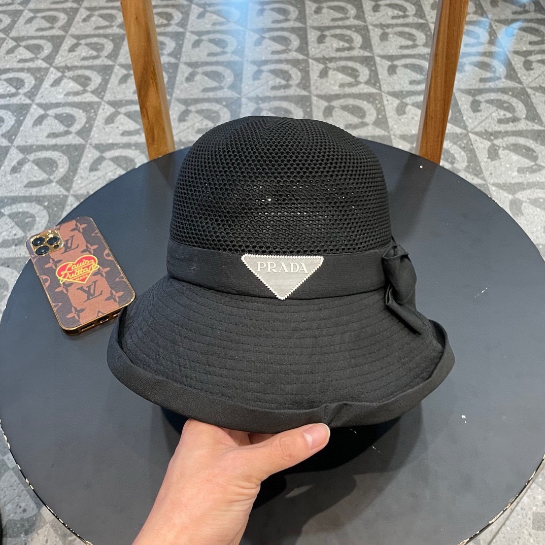 PRADA普拉达 新款韩版针织布沿蝴蝶结渔夫帽2024遮阳防晒盆帽女时尚休闲帽子潮
