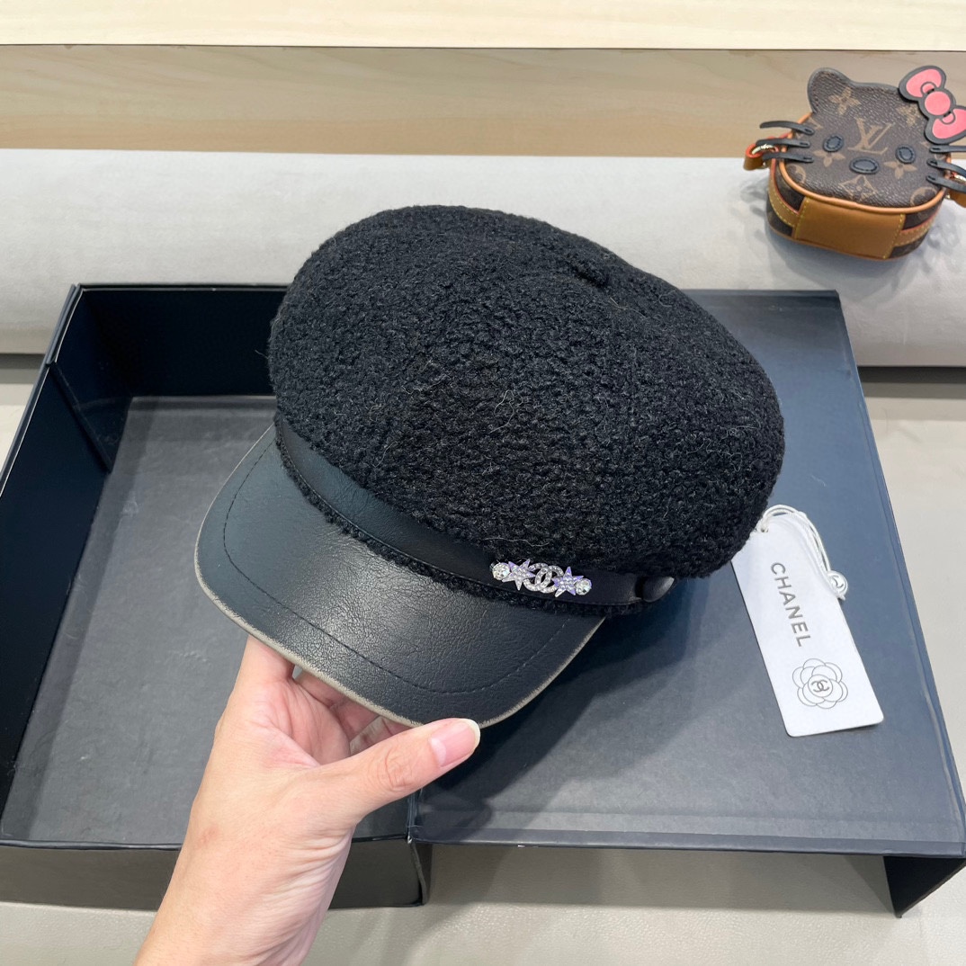 Chanel香奈儿羊羔绒八角帽女秋冬季毛加厚保暖鸭舌帽英伦复古潮流贝雷帽 ht